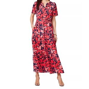 Nic+Zoe Daydream Floral Satin Chiffon Split V-Neck Tiered Maxi A-Line Dress